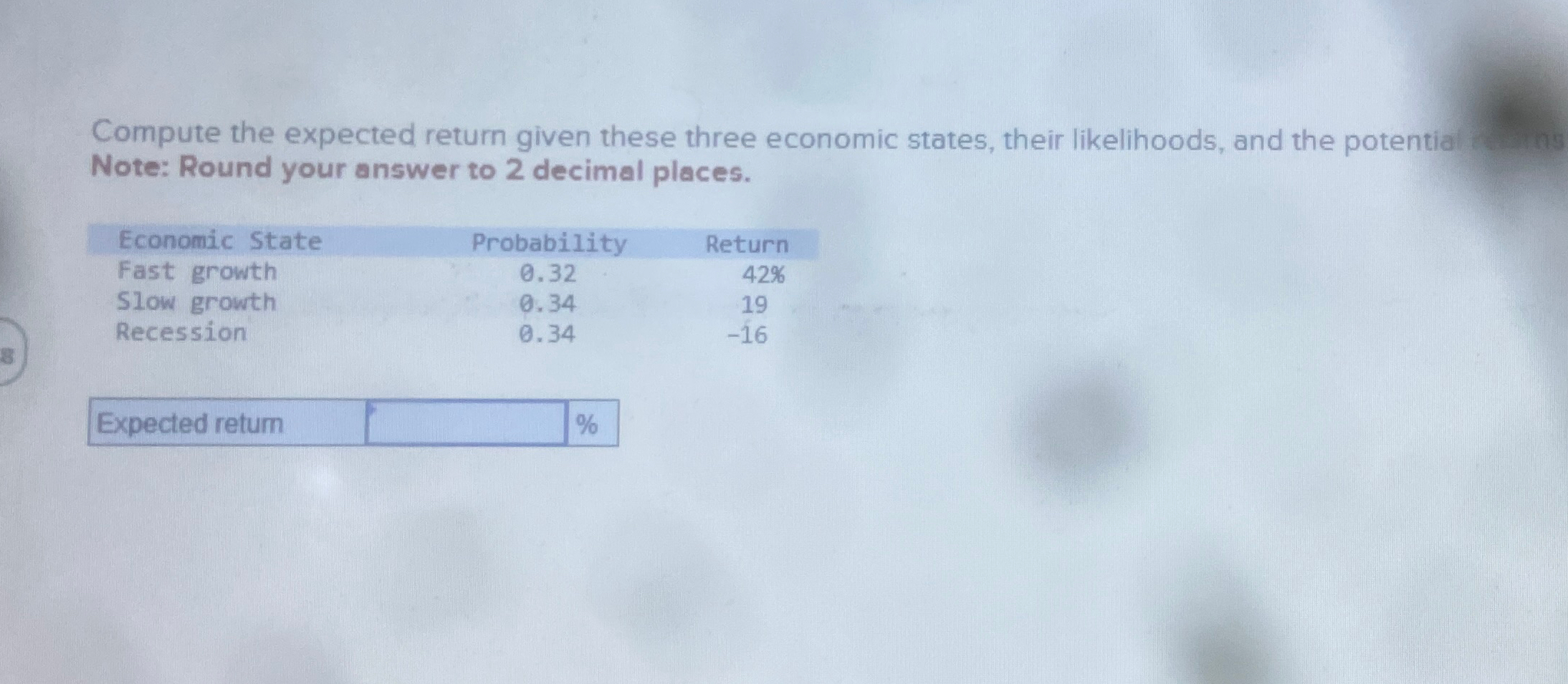 Compute the expected return given these three economic states, their likelihoods, and