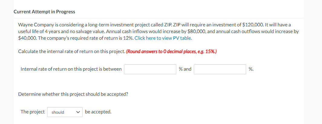 Current Attempt in Progress Wayne Company is considering a long-term investment project