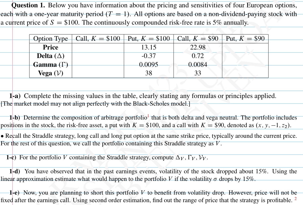 Question 1. Below you have information about the pricing and sensitivities of