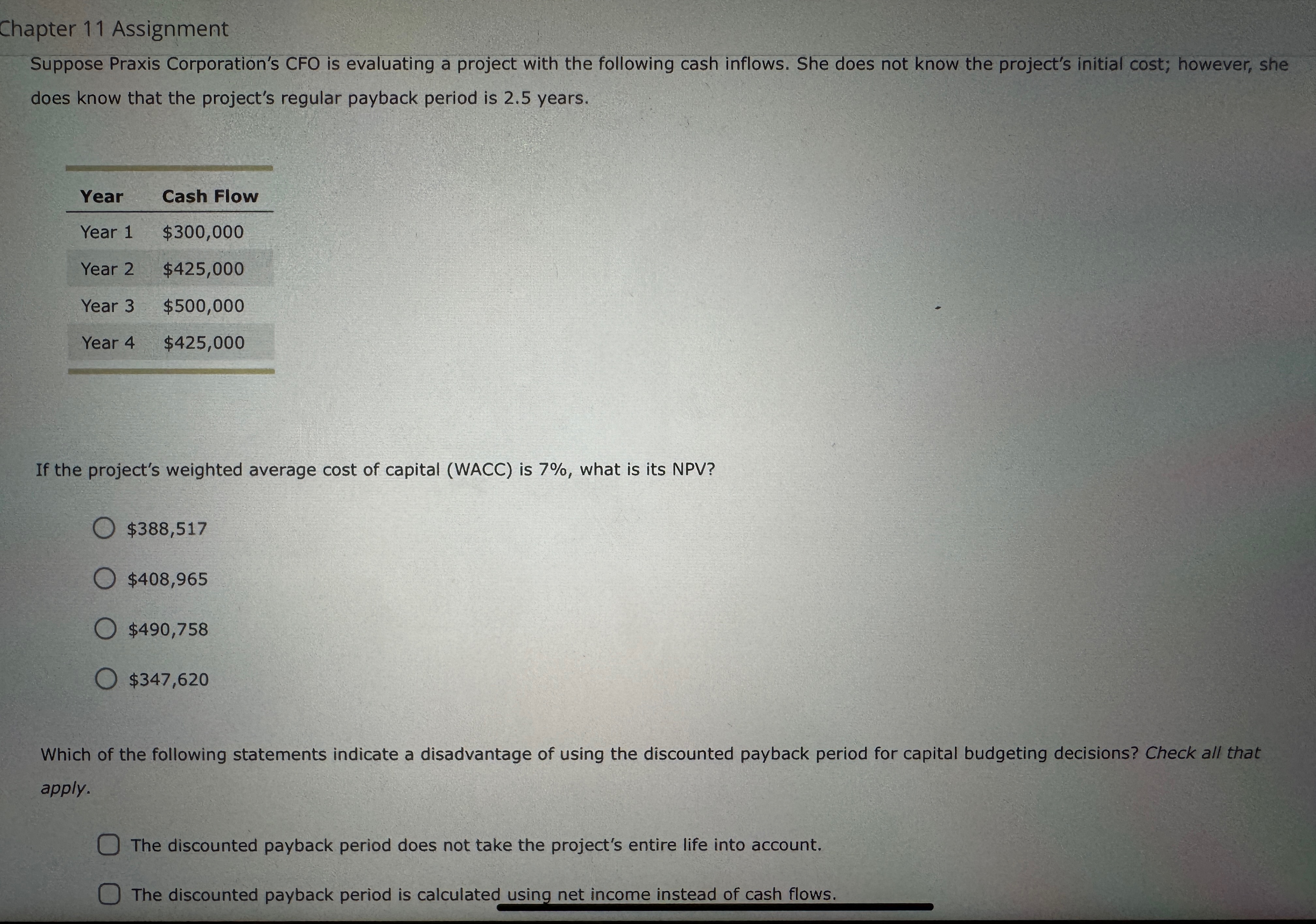 Chapter 11 Assignment Suppose Praxis Corporation's CFO is evaluating a project with