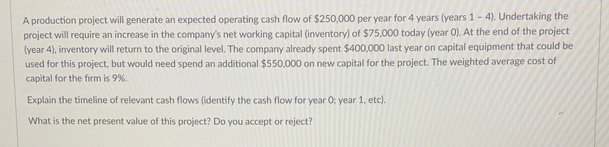 A production project will generate an expected operating cash flow of $250,000