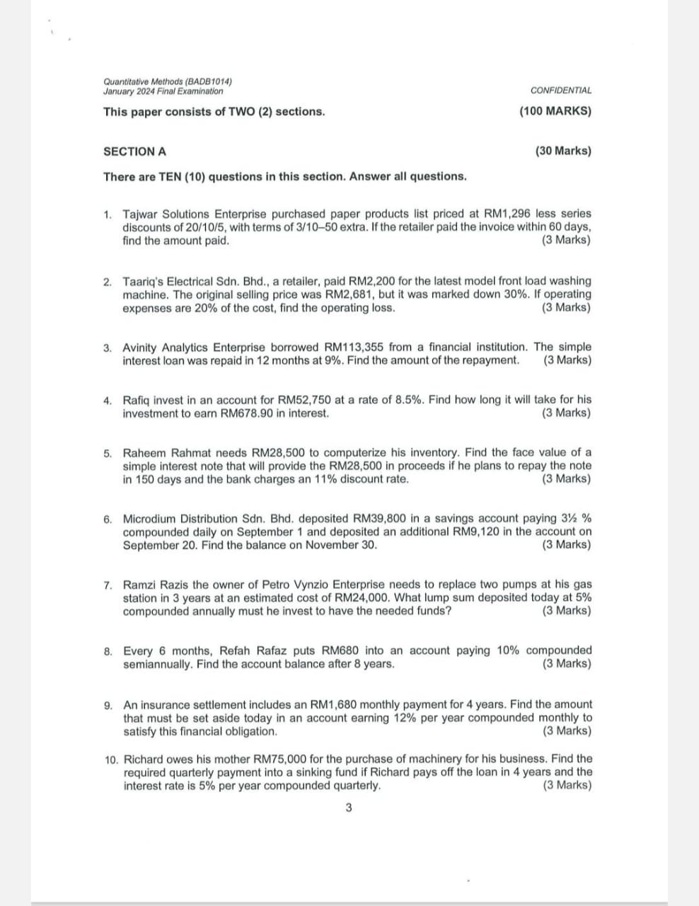 Quantitative Methods (BADB1014) January 2024 Final Examination This paper consists of TWO