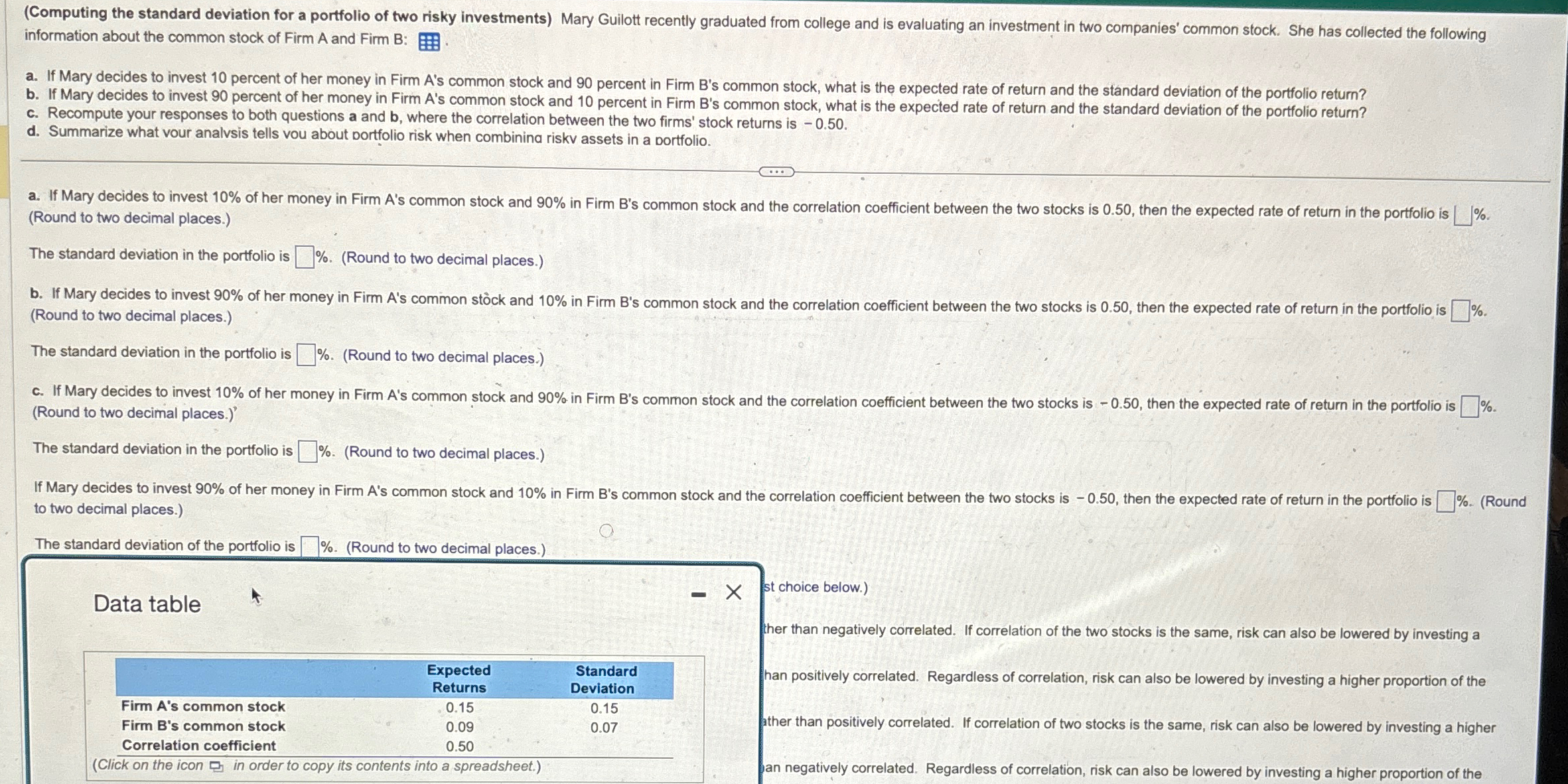 (Computing the standard deviation for a portfolio of two risky investments) Mary