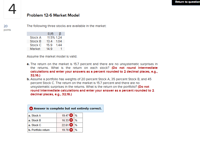 20 4 points Problem 12-6 Market Model The following three stocks are