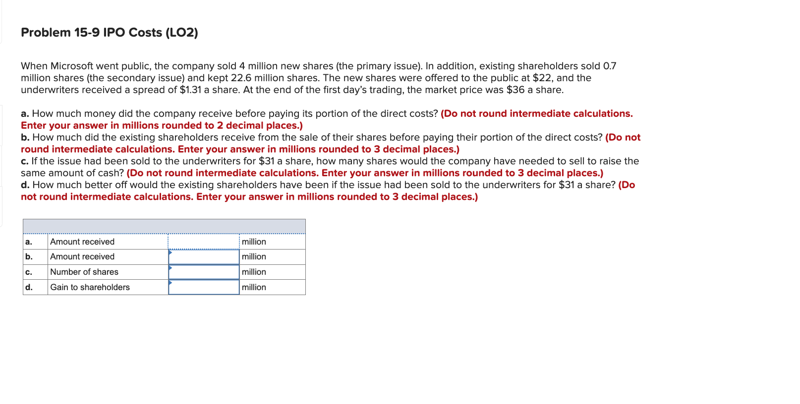 Problem 15-9 IPO Costs (LO2) When Microsoft went public, the company sold