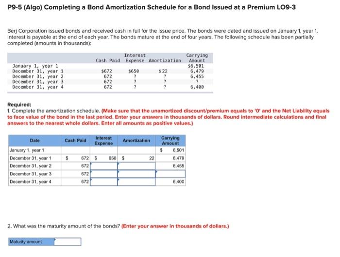 P9-5 (Algo) Completing a Bond Amortization Schedule for a Bond Issued at