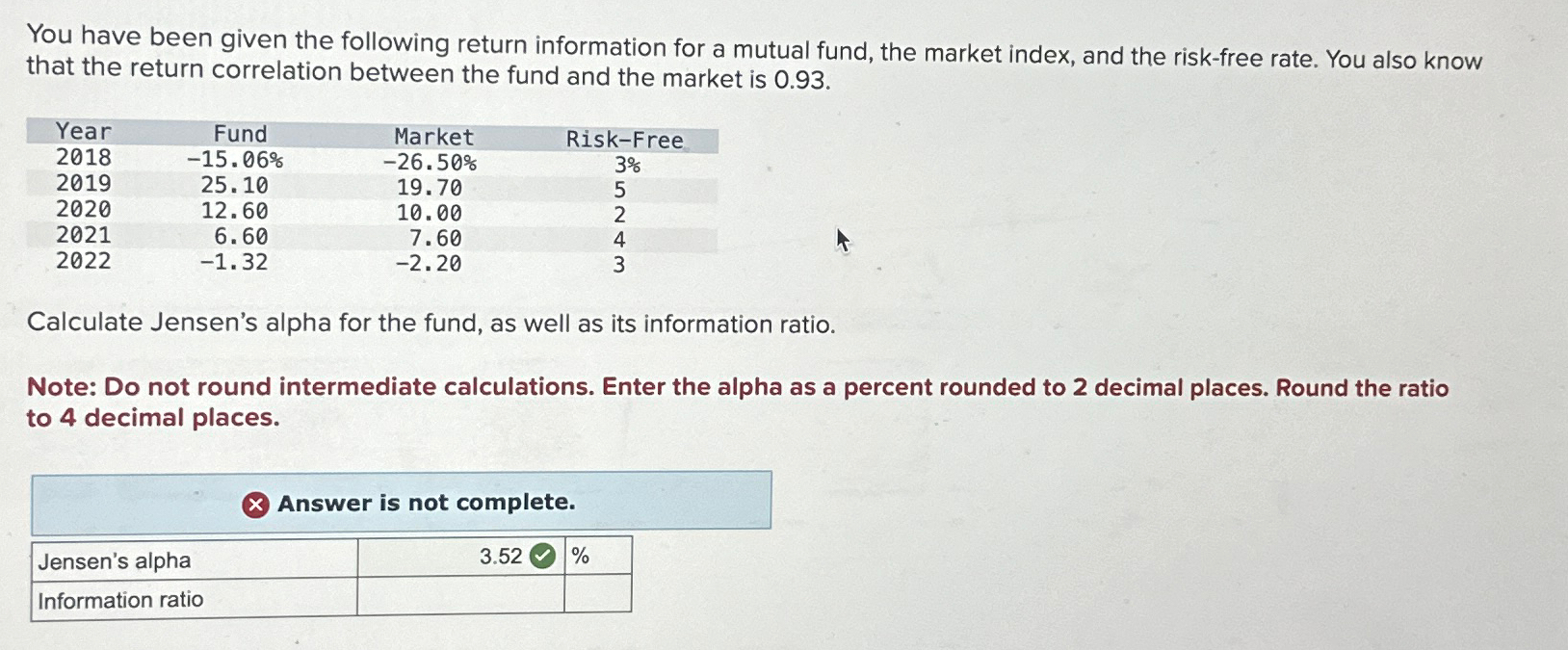 You have been given the following return information for a mutual fund,