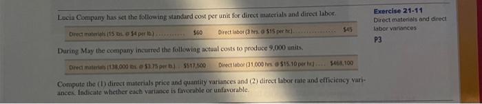 Lucia Company has set the following standard cost per unit for direct