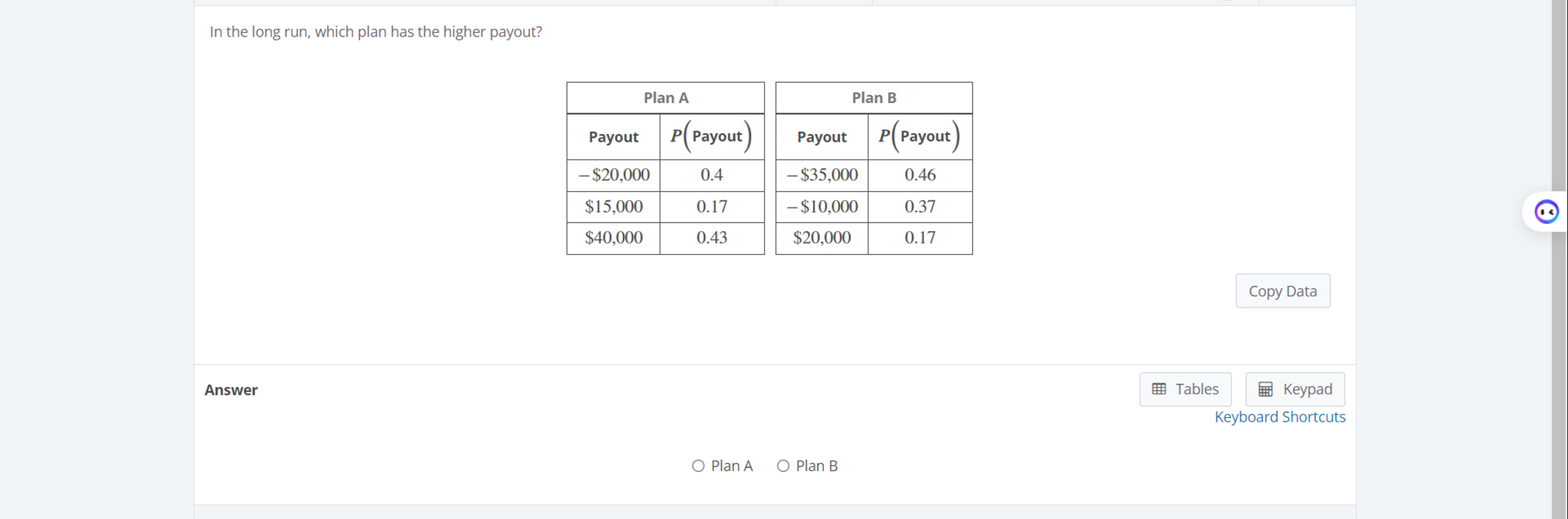 In the long run, which plan has the higher payout? Answer Plan