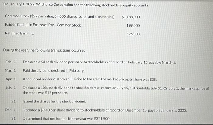 On January 1, 2022, Wildhorse Corporation had the following stockholders' equity accounts.