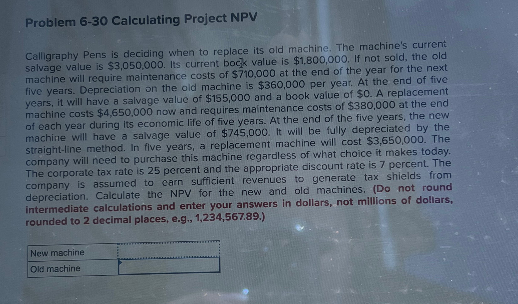 Problem 6-30 Calculating Project NPV Calligraphy Pens is deciding when to replace