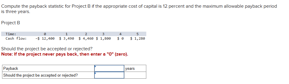 Compute the payback statistic for Project B if the appropriate cost of