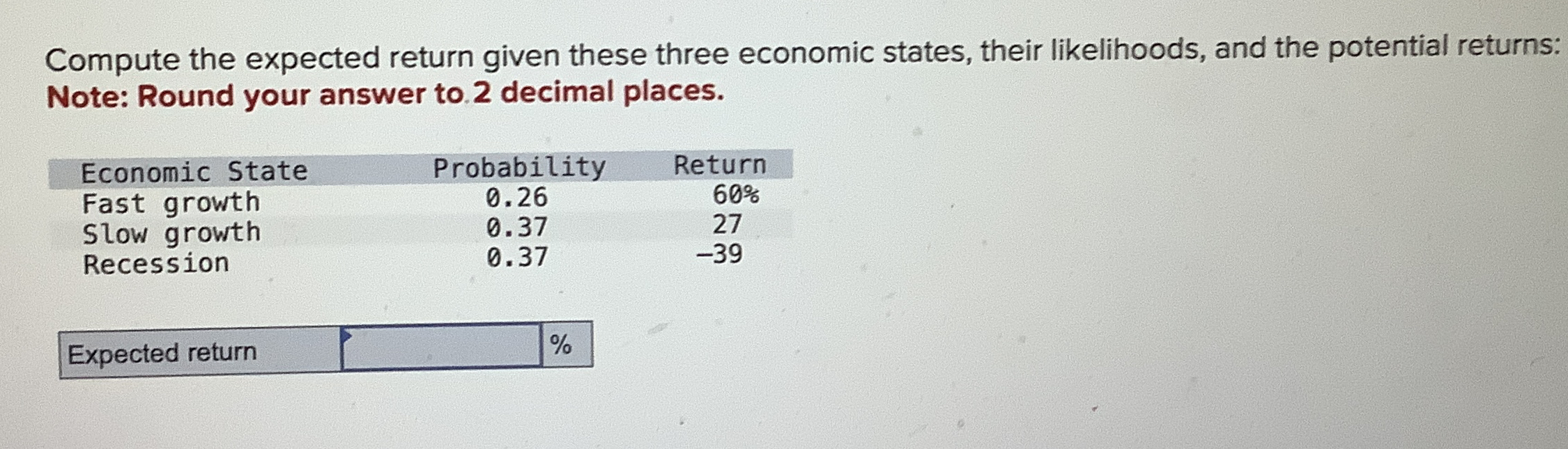 Compute the expected return given these three economic states, their likelihoods, and