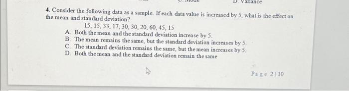 Vanance 4. Consider the following data as a sample. If each data