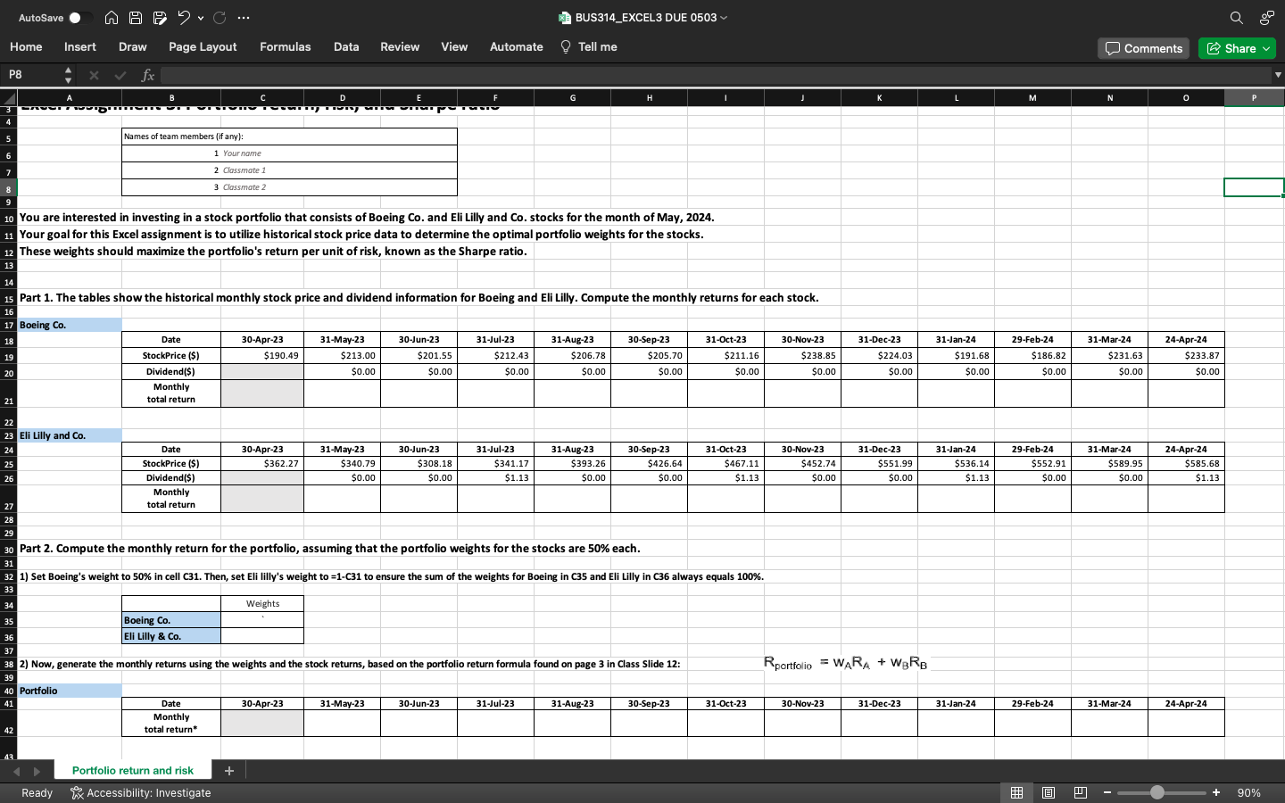 AutoSave BUS314_EXCEL3 DUE 0503 Home Insert Draw Page Layout Formulas Data Review