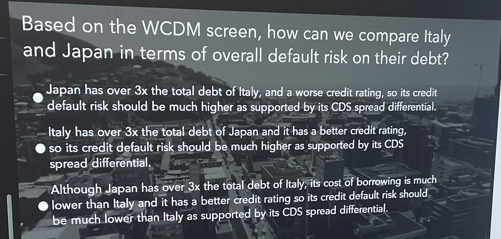 Based on the WCDM screen, how can we compare Italy and Japan