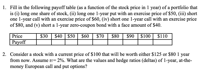 1. Fill in the following payoff table (as a function of the
