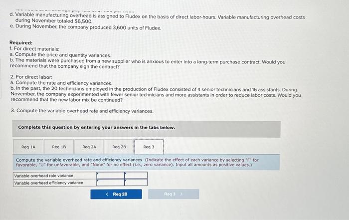 Direct labor Variable manufacturing overhead Total standard cost per unit Standard Quantity