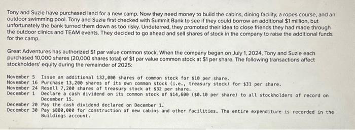 Tony and Suzie have purchased land for a new camp. Now they