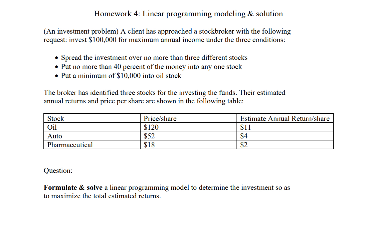 Homework 4: Linear programming modeling & solution (An investment problem) A client