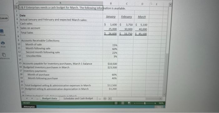 B C D NE S&P Enterprises needs a cash budget for March.