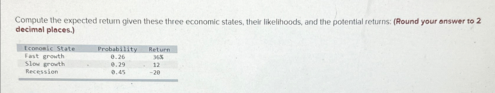 Compute the expected return given these three economic states, their likelihoods, and