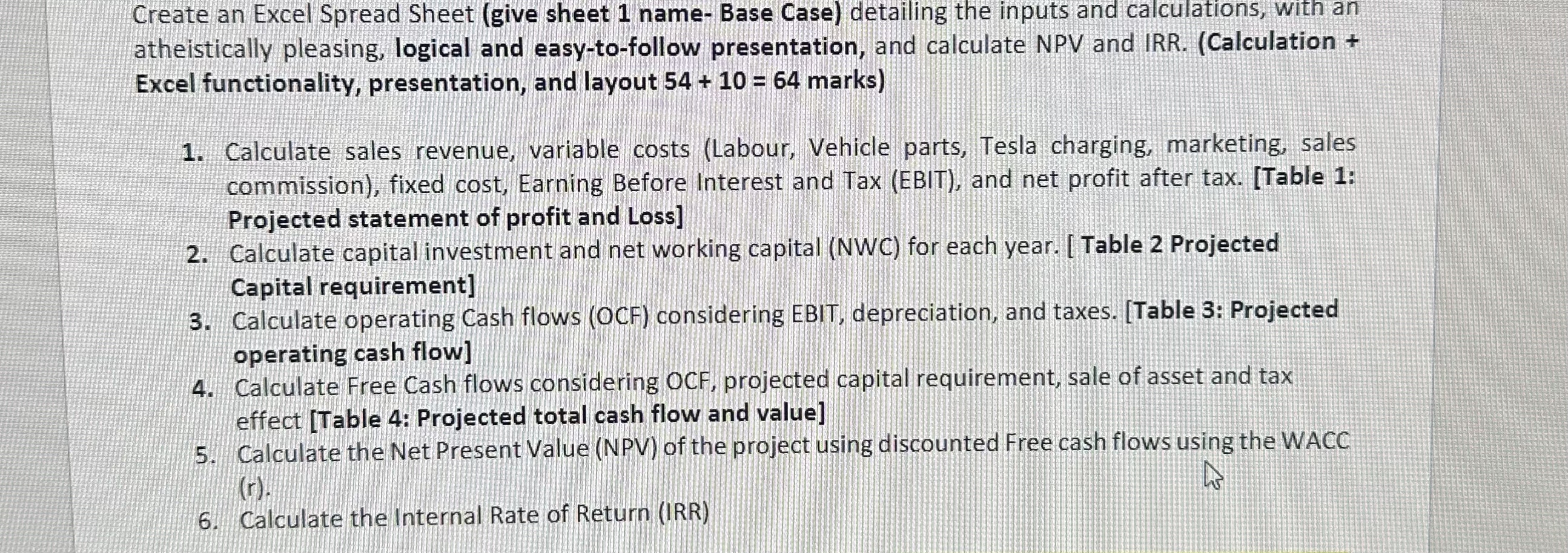 Create an Excel Spread Sheet (give sheet 1 name- Base Case) detailing