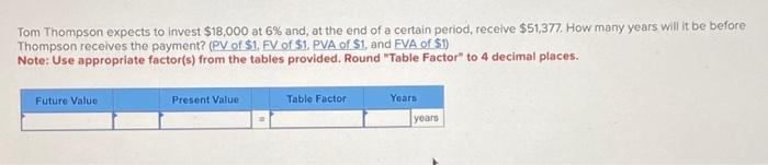 Tom Thompson expects to invest $18,000 at 6% and, at the end
