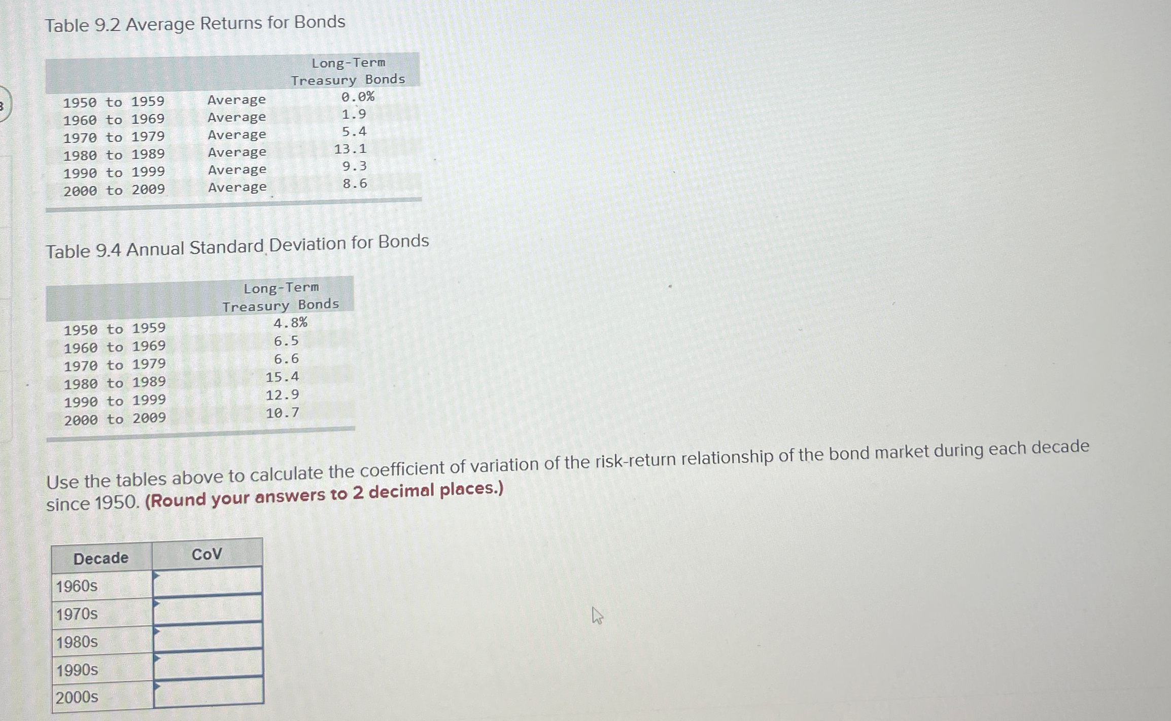 Table 9.2 Average Returns for Bonds Long-Term Treasury Bonds 1950 to 1959