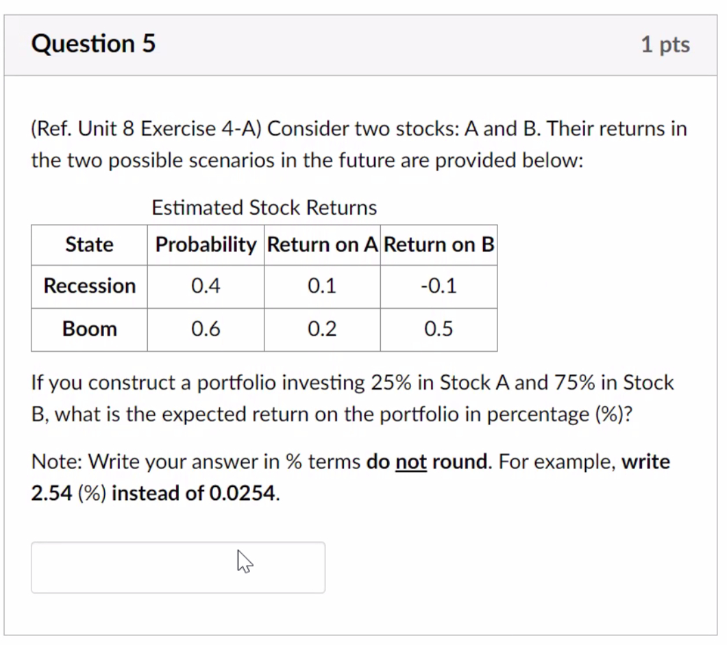 Question 5 1 pts (Ref. Unit 8 Exercise 4-A) Consider two stocks:
