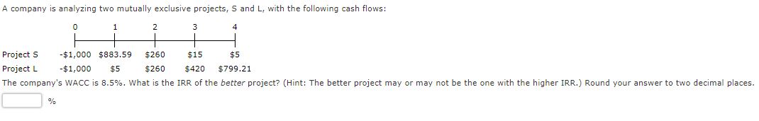 A company is analyzing two mutually exclusive projects, S and L, with