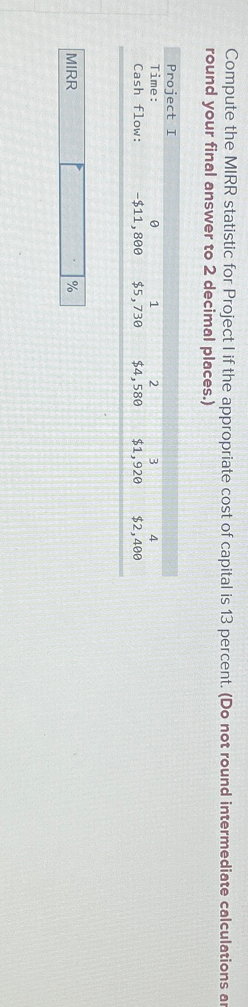Compute the MIRR statistic for Project I if the appropriate cost of