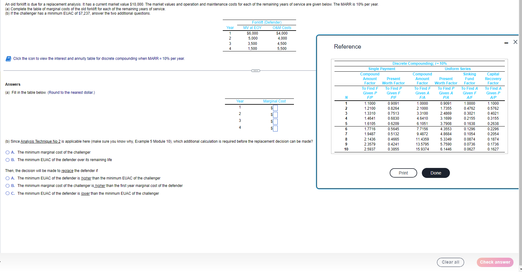 An old forklift is due for a replacement analysis. It has a