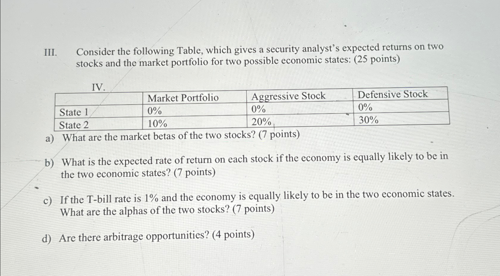 III. Consider the following Table, which gives a security analyst's expected returns