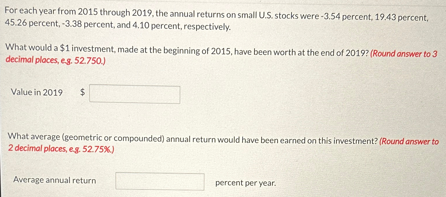 For each year from 2015 through 2019, the annual returns on small