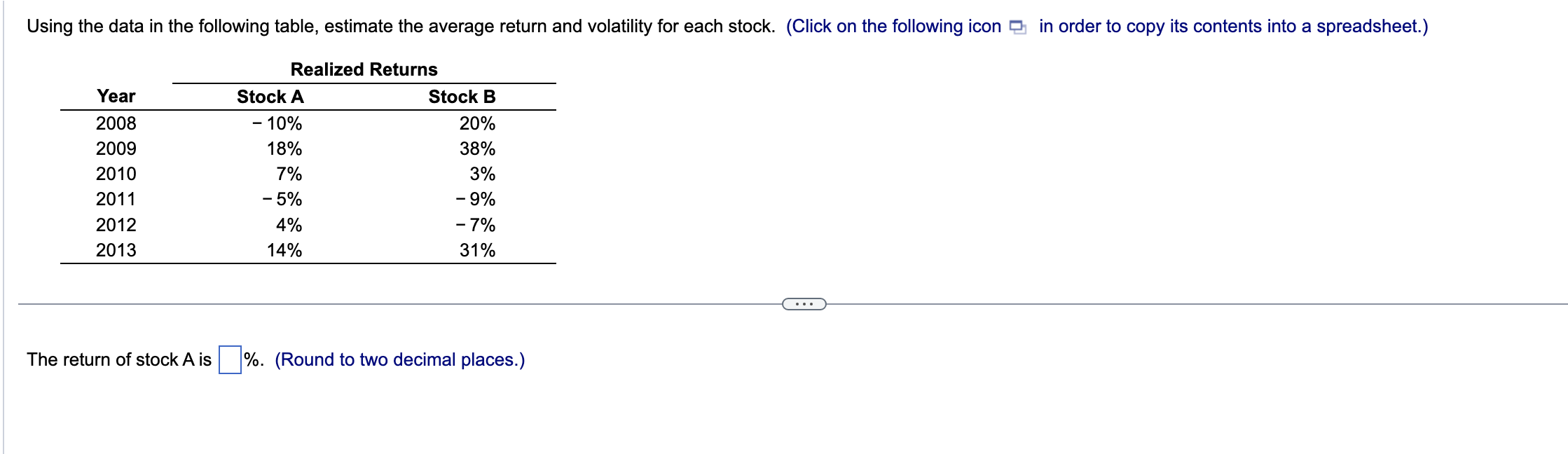 Using the data in the following table, estimate the average return and