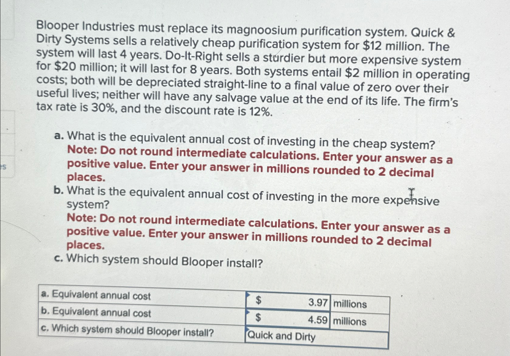 Blooper Industries must replace its magnoosium purification system. Quick & Dirty Systems