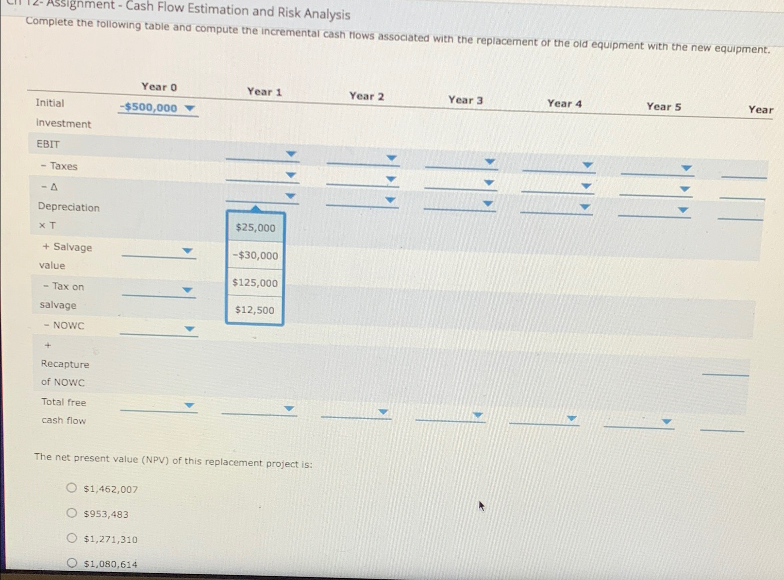 Assignment - Cash Flow Estimation and Risk Analysis Complete the following table