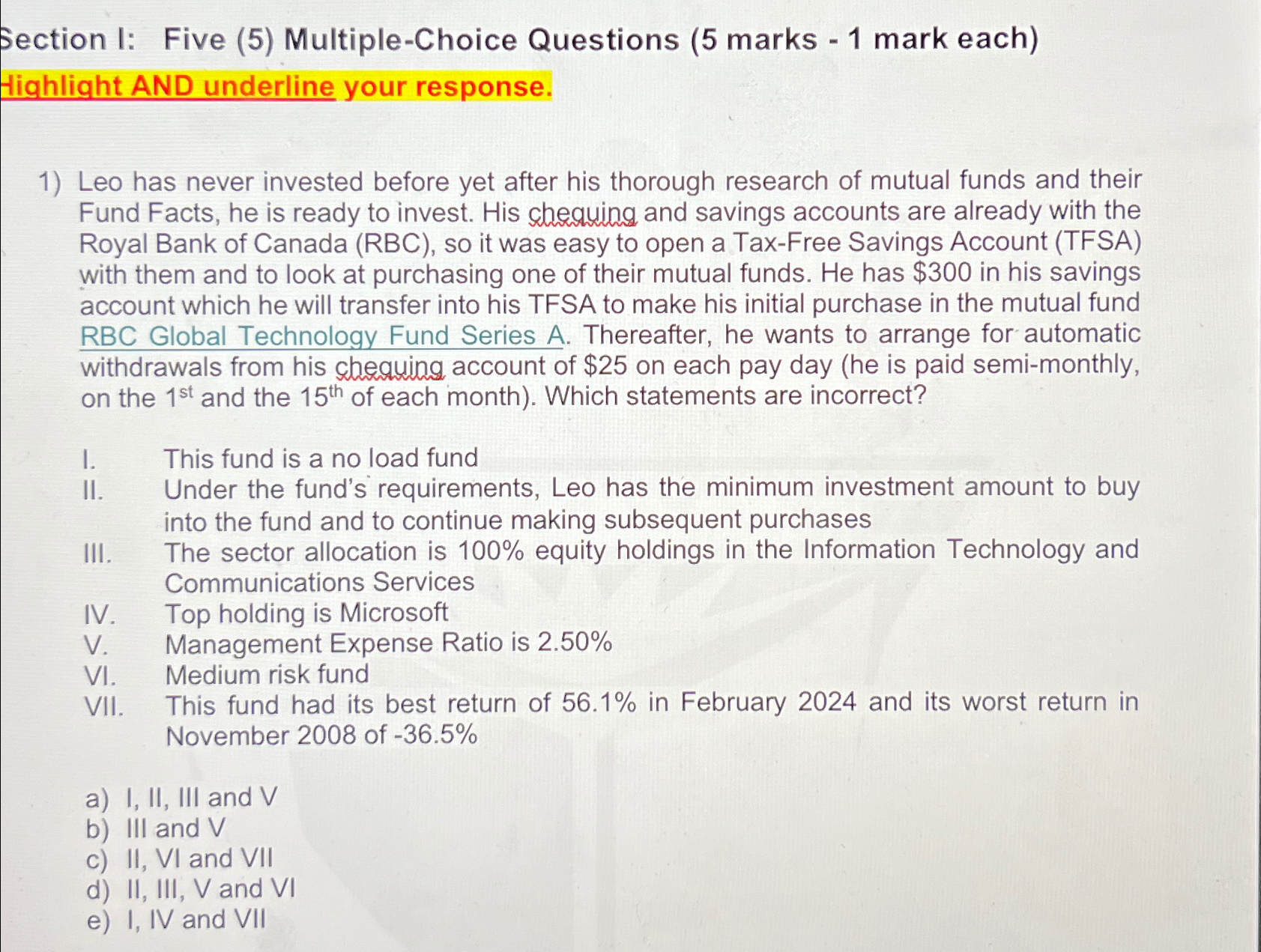 Section 1: Five (5) Multiple-Choice Questions (5 marks -1 mark each) Highlight