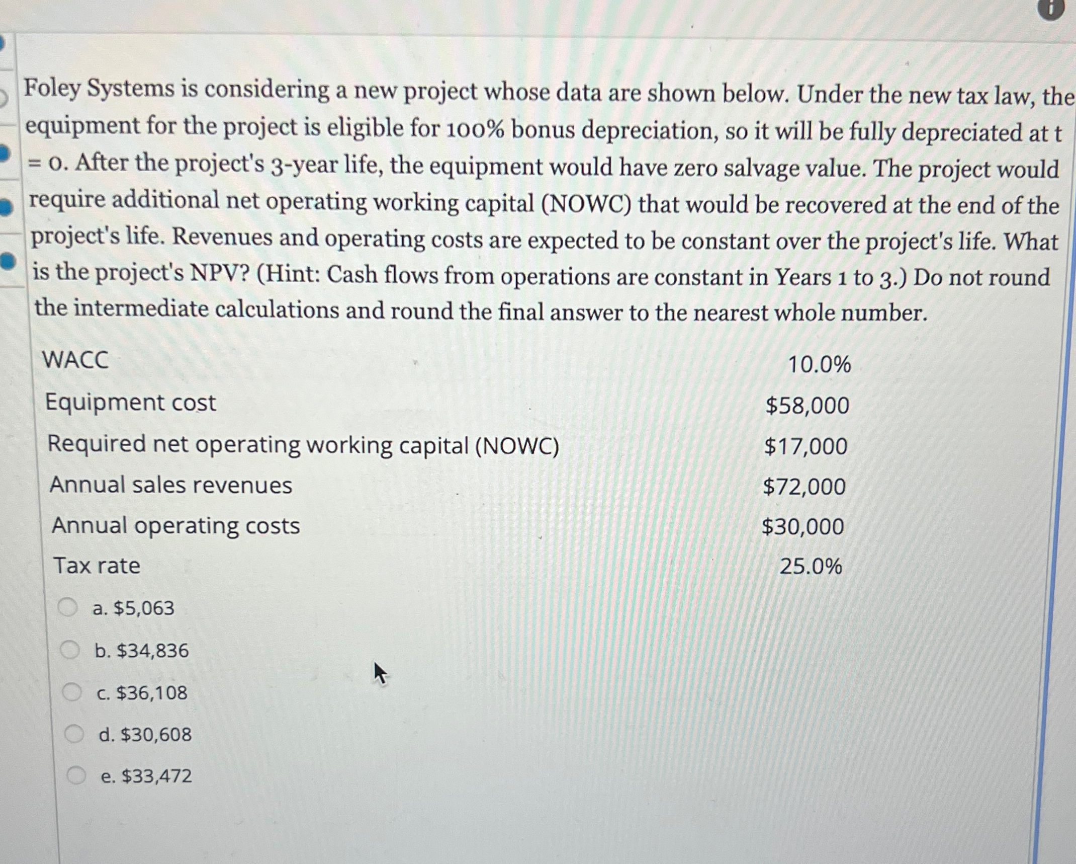 Foley Systems is considering a new project whose data are shown below.