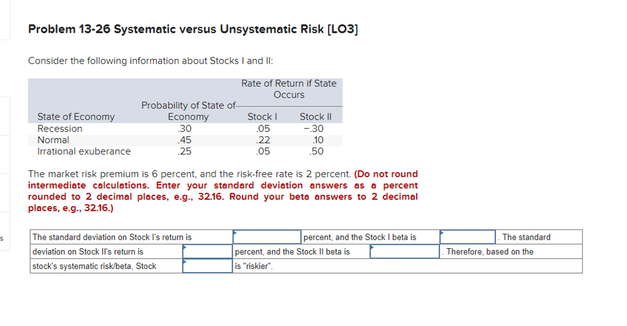 Problem 13-26 Systematic versus Unsystematic Risk [LO3] Consider the following information about