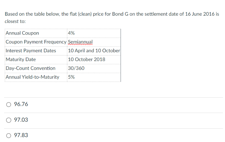 Based on the table below, the flat (clean) price for Bond G