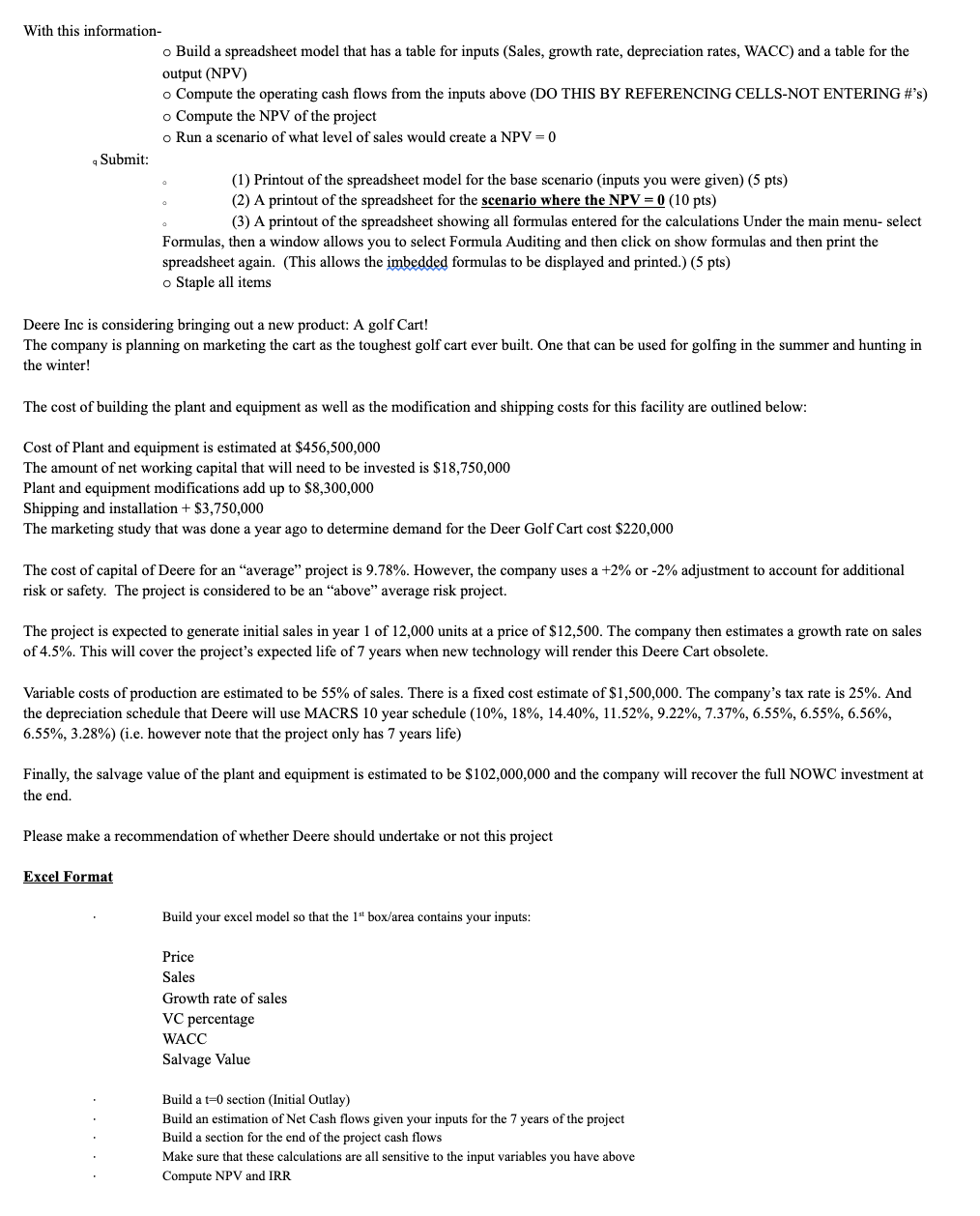 With this information- Submit: Build a spreadsheet model that has a table