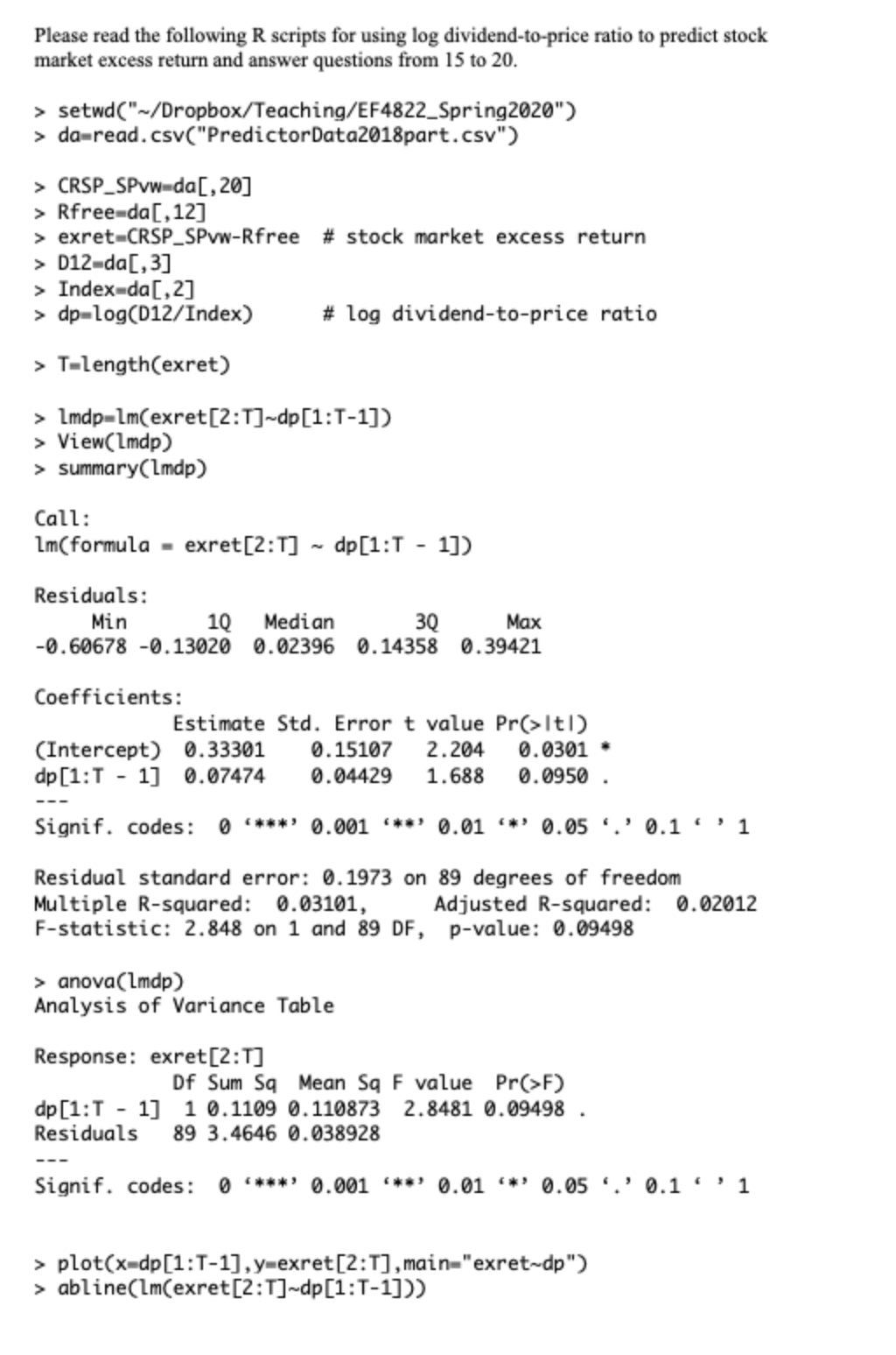 Please read the following R scripts for using log dividend-to-price ratio to