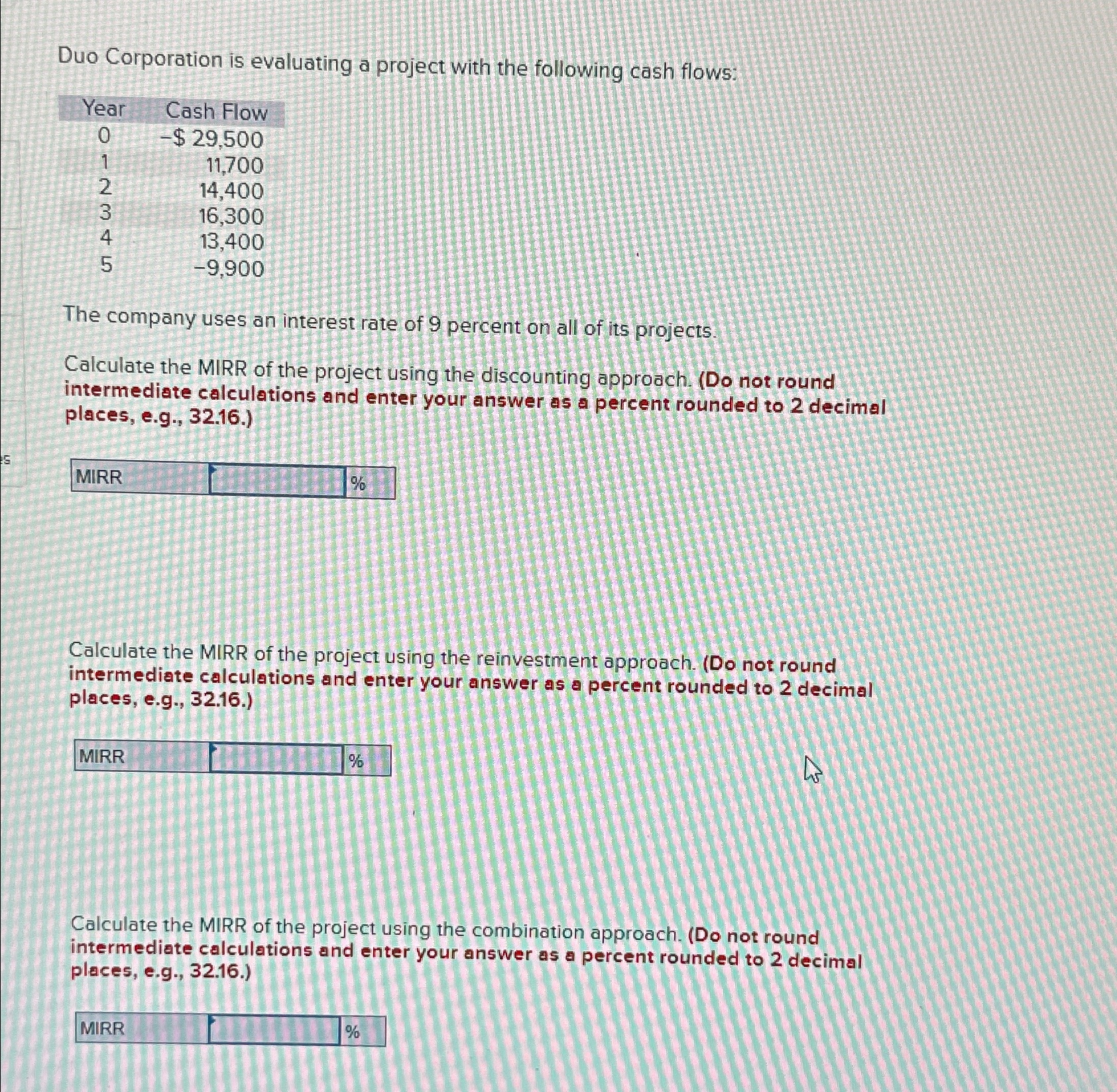 S Duo Corporation is evaluating a project with the following cash flows: