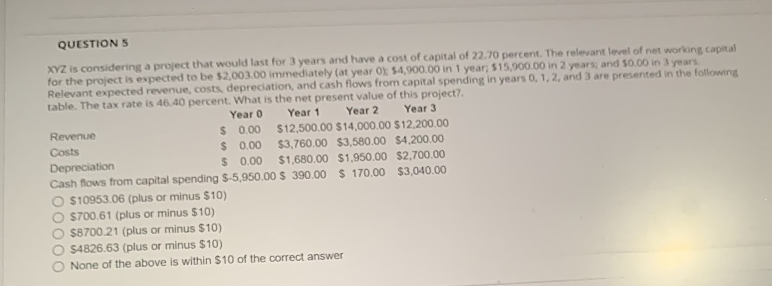 QUESTION 5 XYZ is considering a project that would last for 3