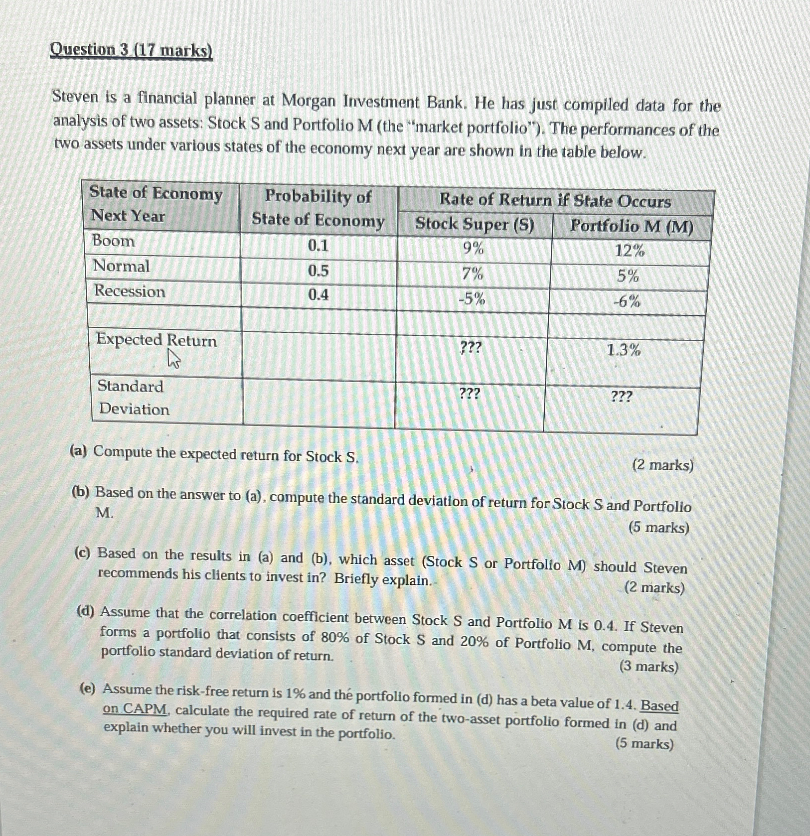 Question 3 (17 marks) Steven is a financial planner at Morgan Investment