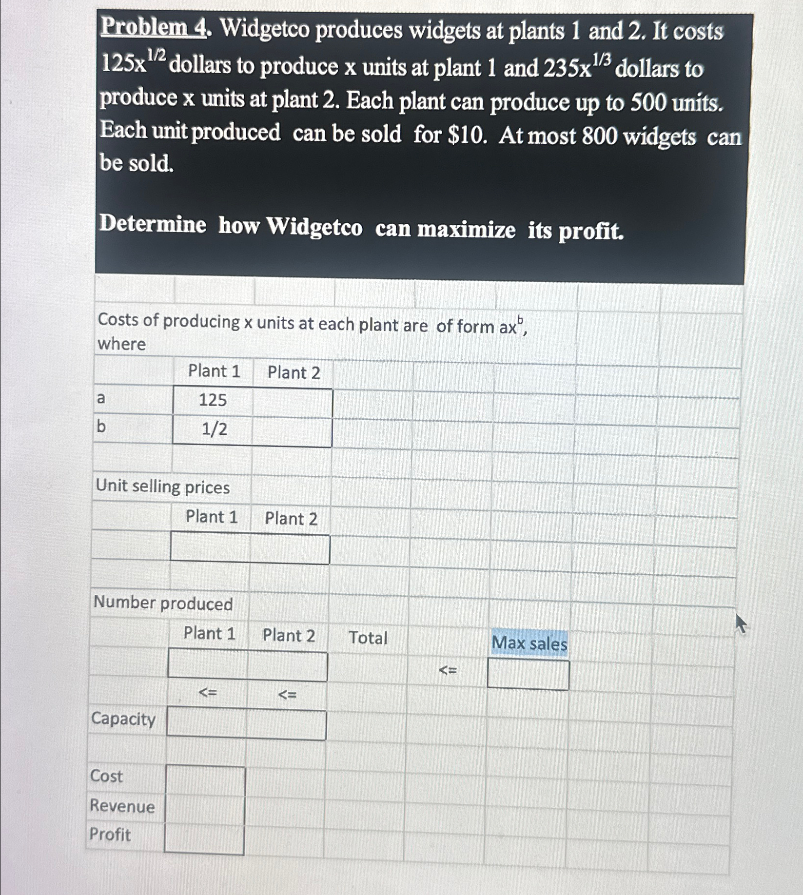 Problem 4. Widgetco produces widgets at plants 1 and 2. It costs