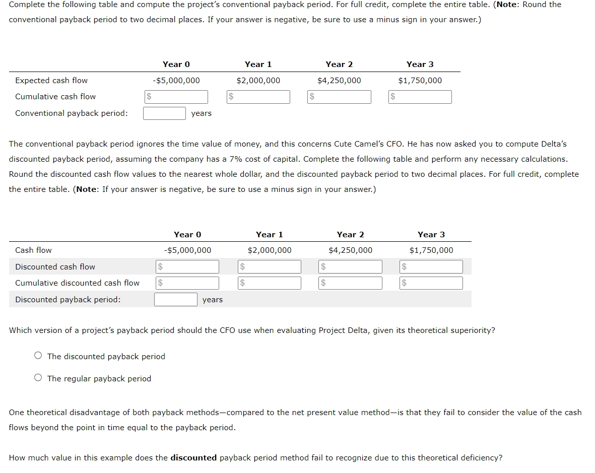 Complete the following table and compute the project's conventional payback period. For