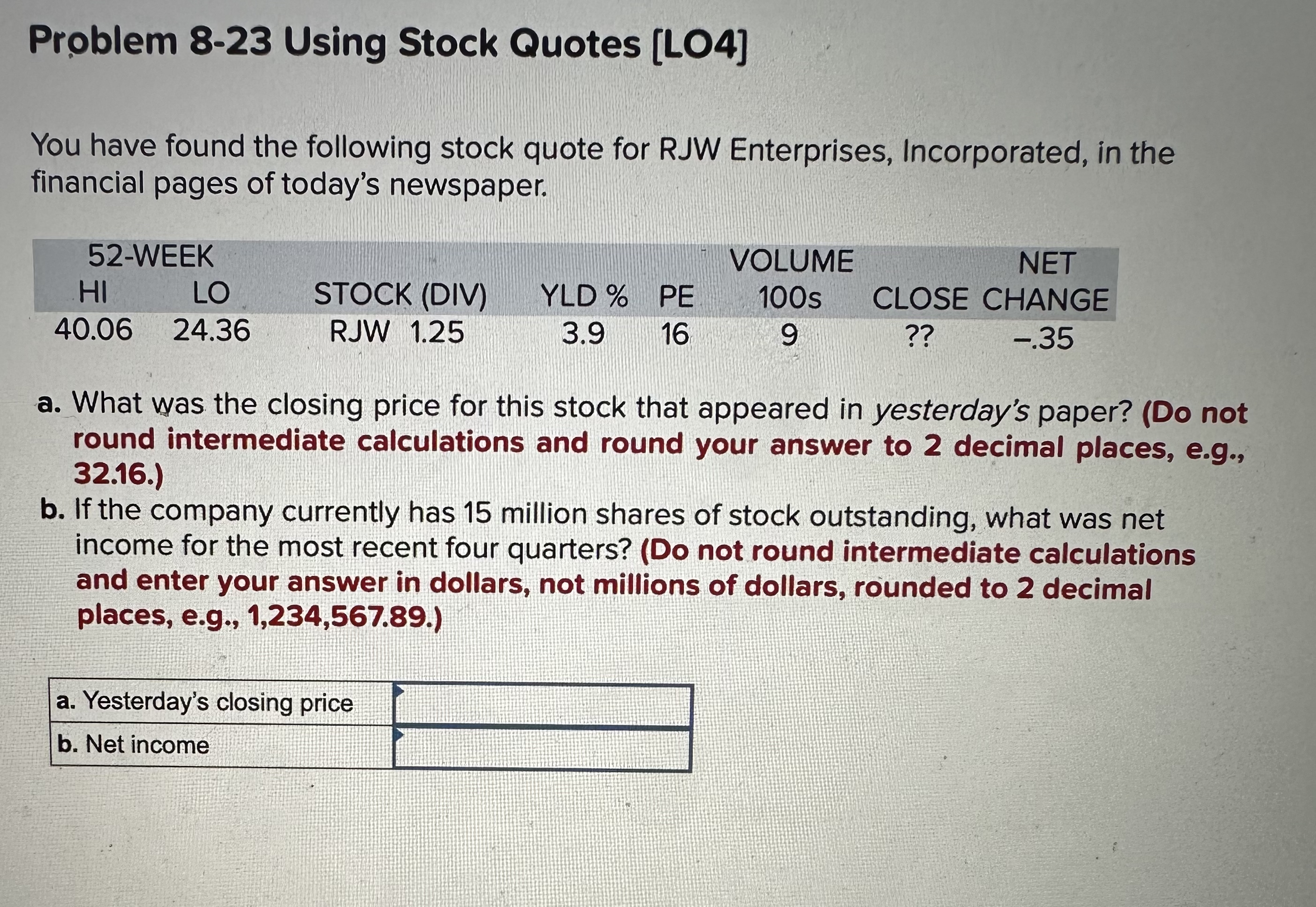 Problem 8-23 Using Stock Quotes [LO4] You have found the following stock